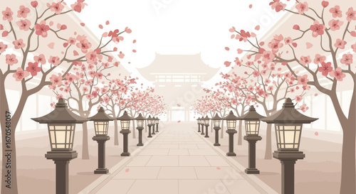 Serene Temple Path Adorned With Blooming Sakura And Traditional Lanterns