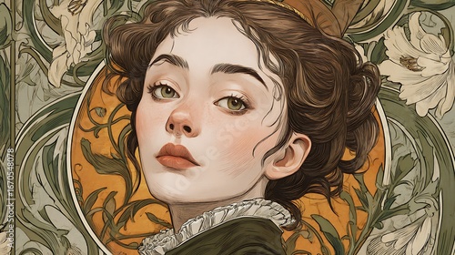 Portrait of a woman with art nouveau style floral background.