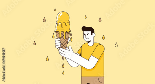 Sadness Over Melting Ice Cream Cone On A Sunny Day Illustration