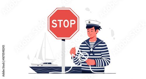 Sailor With Nautical Rope Near Stop Sign By Sailboat On The Water