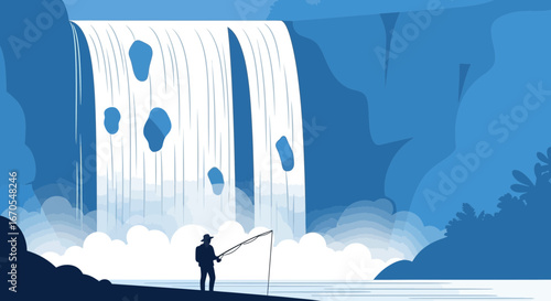 Serene Waterfall Landscape With Fisherman Silhouette For Tranquil Getaways