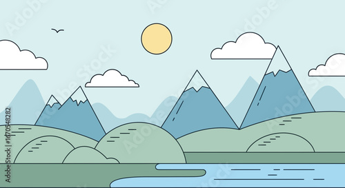Scenic Mountain Landscape With Gentle Hills And Fluffy Clouds in Minimal Style
