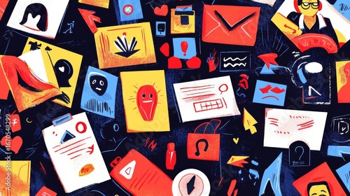 Colorful digital collage featuring various icons, symbols, and illustrations representing creativity and communication.