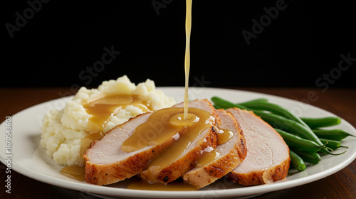 Gravy being poured over roasted turkey breast with mashed potatoes and green beans on a white plate for dinner or holiday meal