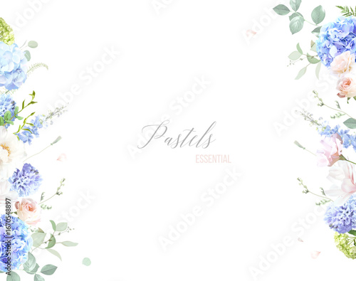 Bridgerton inspired pastel floral vector design frame. Blue delphinium, hydrangea, white peony, eucalyptus, rose, hyacinth, greenery and plants card. All flowers and branches are isolated and movable