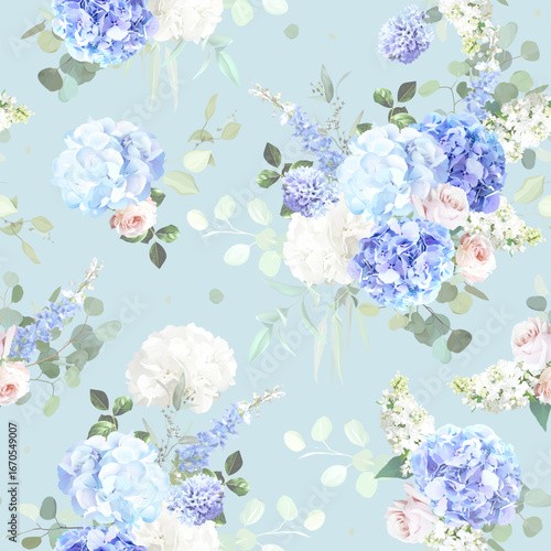 Bridgerton inspired pastel floral vector design pattern. Blue delphinium, white peony, pink rose, magnolia, hyacinth, hydrangea, greenery and plants. All flowers and branches are isolated and movable.