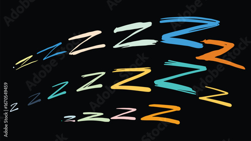 Vector illustration of colorful stylized letter Z repeated in perspective lines, resembling sleeping symbols floating into the distance.