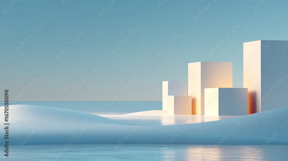 Fototapeta premium Minimalist scene abstract blocks on a reflective surface, under a clear sky