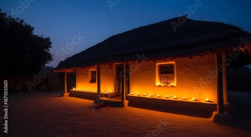 Diwali celebrations background with traditional house illuminated by diyas at night. Ideal for festive greetings, Indian culture events, and holiday marketing materials.