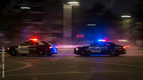 Police cars in high speed pursuit at night with flashing red and blue emergency lights in an urban setting for law enforcement and crime response