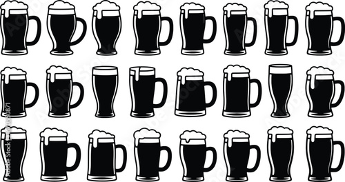 Collection of diverse beer glasses filled with frothy beer in a black and white illustration