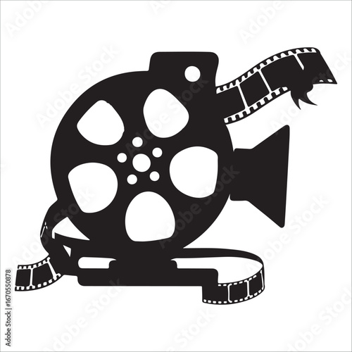 Film Reel and Camera Icon silhouette vector: Monochrome, Classic Cinema Graphic Design
