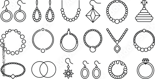 Collection of elegant hand drawn jewelry designs isolated on white background