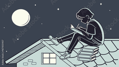 Student Studying with Glowing Books at Night – Vector Illustration of Knowledge and Logical Learning 