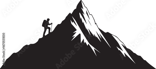 Silhouette Vector of Hiker Climbing Mountain Peak on White Background