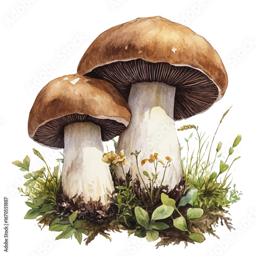 Forest Mushrooms, watercolor drawing vector, isolated on a white background.