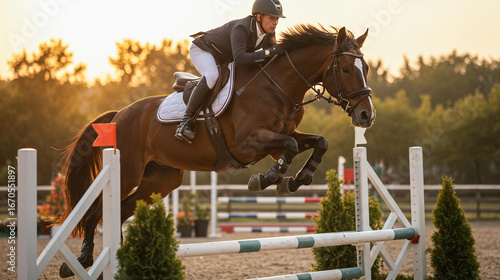 Equestrian, jumping and horse riding with athlete in competition on training ground for sport challenge, animal care and rider in action for championship, speed and equine agility outdoors