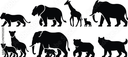 African wildlife family silhouettes on white background