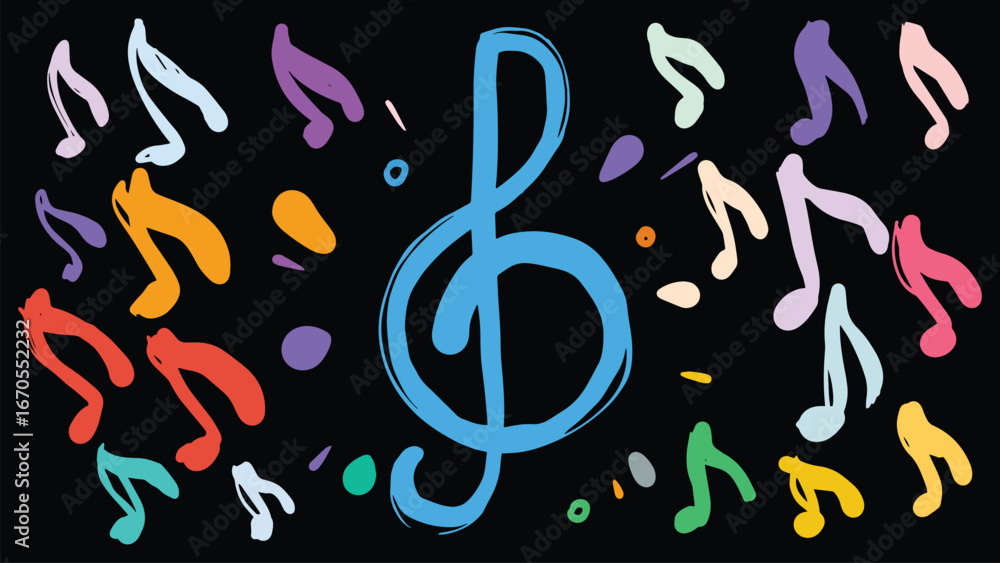 Fototapeta premium Bright musical composition with a blue treble clef surrounded by colorful notes. Festive and joyful abstract background full of rhythm.