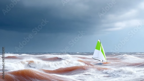 Small Sailboat Navigating Choppy Sea Under Dramatic Clouds
