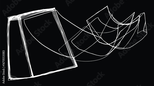 Vector illustration of white sheets peeling away like calendar pages being torn off, layered dynamically against a black background, symbolizing passing time.