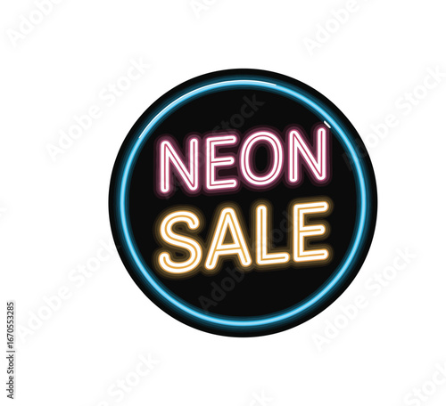 Neon sale badge vector with glowing light effect isolated on white background for marketing promotion design