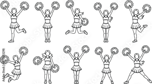 Set of cheerleader poses with pom poms hand drawn sketch