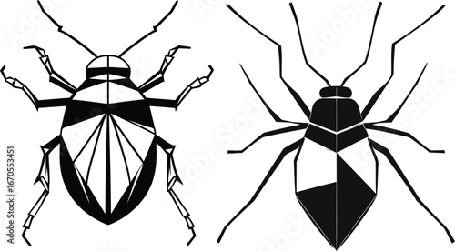 Geometric Insect Silhouette Vector Set, Abstract Low Poly Bug Illustration, Modern Geometric Style Insect, Black and White Faceted Bug Graphic.