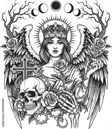 Vector gothic angel with crown, cross and skulls illustration