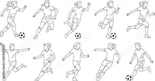 Collection of dynamic soccer player action sketches in a clean line art style