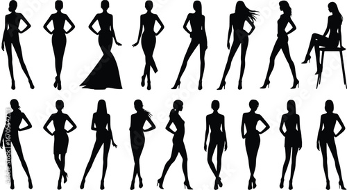 Fashionable female silhouettes in various poses and outfits