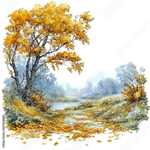 watercolor of Foggy Forest Autumn Scene, vector, isolated on a white background.