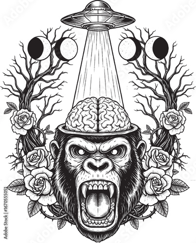Mystical Gorilla with UFO and Brain Vector Illustration