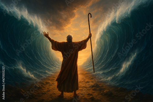Moses parting the red sea biblical illustration, spiritual religious concept art dramatic ocean waves miracle depiction, ancient scripture story artistic fantasy scene faith divine power worship inspi