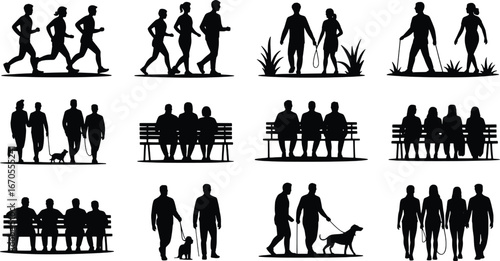 Silhouettes of people and couples enjoying outdoor activities and relaxation