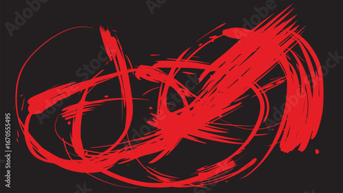 Abstract vector design of chaotic red circular scribbles swirling on a black background, energetic and expressive in style.