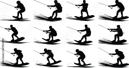 Kite surfing silhouettes set dynamic action poses