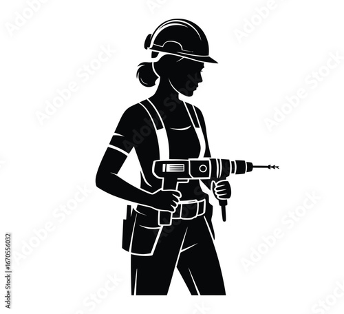 Silhouette of female construction worker wearing helmet and holding drill tool isolated in black and white vector