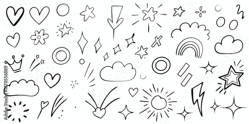 Collection of hand drawn doodle elements including hearts stars clouds rainbow crown and sunbursts