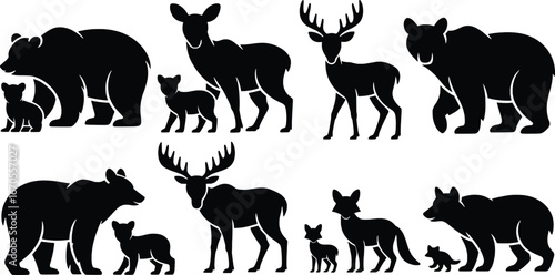 Collection of black silhouettes of forest animals with their young