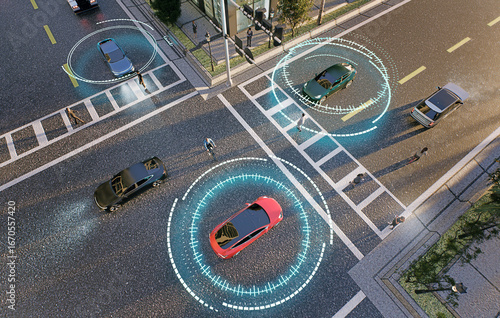 3D illustration of Three smart vehicles at junction with radar signals