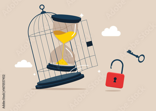 Hourglass with key free himself from cage. Concept of imprisonment. Flat vector illustration.