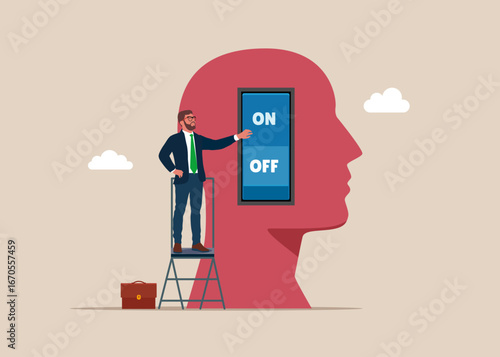 Emotional intelligence. Lever in head. Businessman presses switches in human brain and adjusts emotional balance. Flat vector illustration