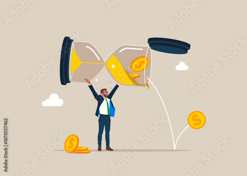 Businessman holding a glass sand clock with leaking money. Flat vector illustration