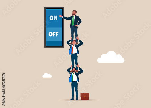 Business people holding each other on their shoulders presses switches. Turn on and off using light switches. Conserve energy by turning off the lights when they are not in use. Vector illustration