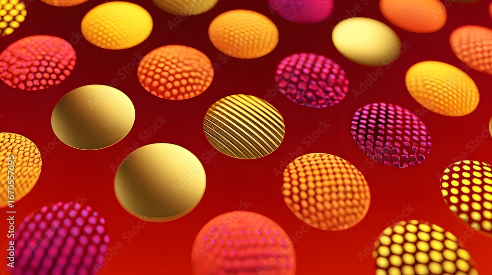 Fototapeta premium Colorful Geometric Patterns of Textured Spheres on a Vibrant Red Background