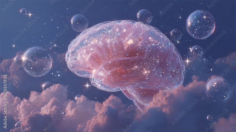Obraz premium Translucent human brain with dream bubbles containing galaxies floating in starry night sky, symbolizing imagination, consciousness, and cosmic creativity