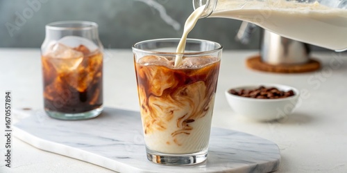 Iced Coffee with Milk Pour Marble Background, Glass Composition, Creamy Texture, Refreshing Beverage Iced Coffee, Latte