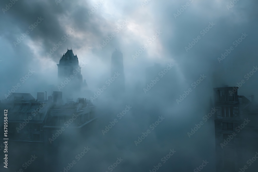 Fototapeta premium City skyline shrouded in a thick fog.