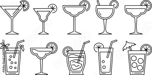 Collection of hand drawn cocktail glasses with garnishes